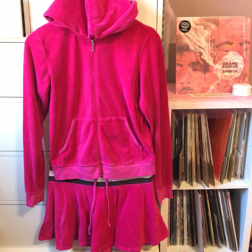 Juicy Couture OG Vintage Plush Velour Tracksuit Skirt Y2k Rare Hot Pink Top Set